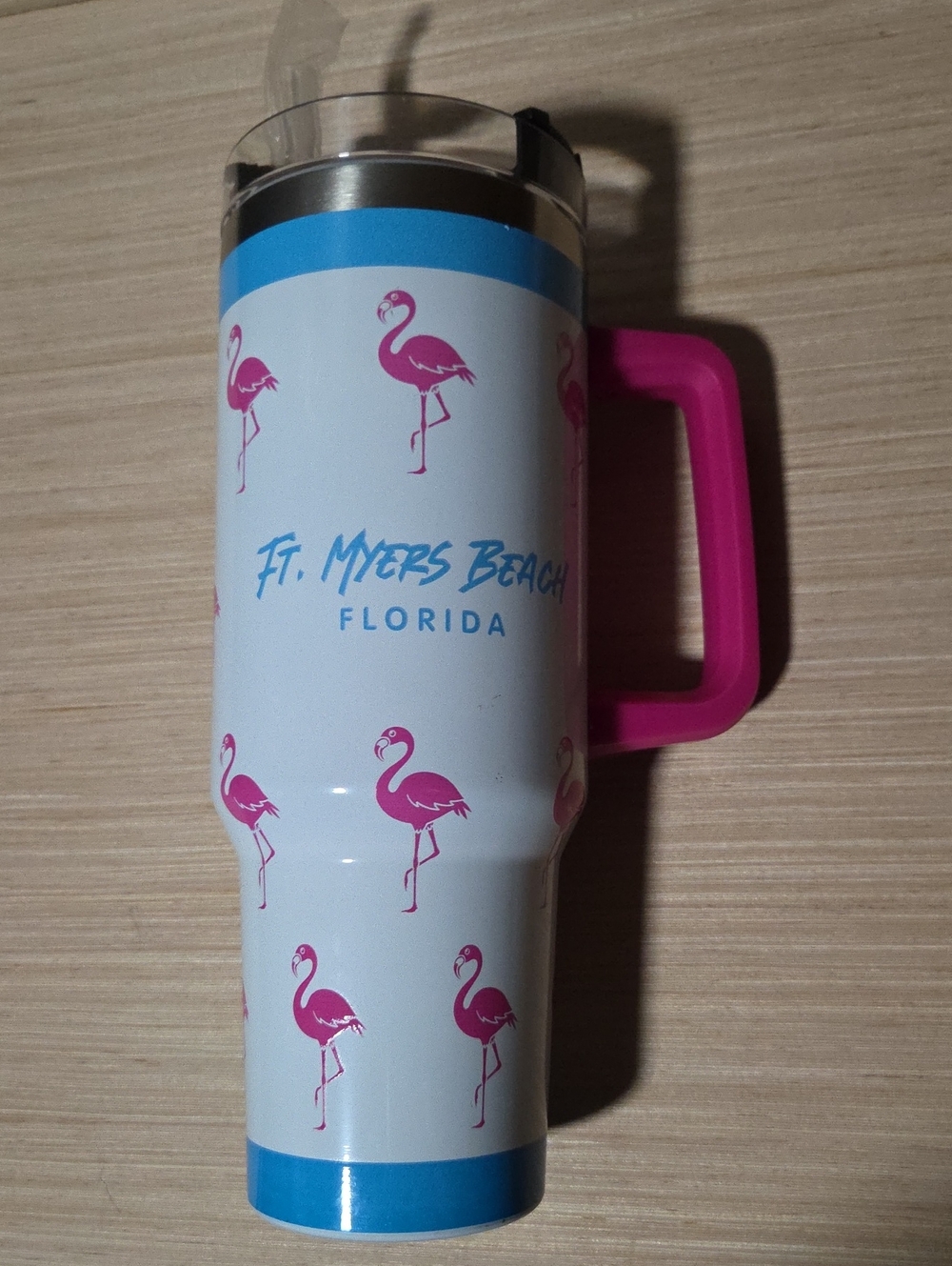 Ft. Myers Beach Florida Flamingo Travel Tumbler - Pink Handle
